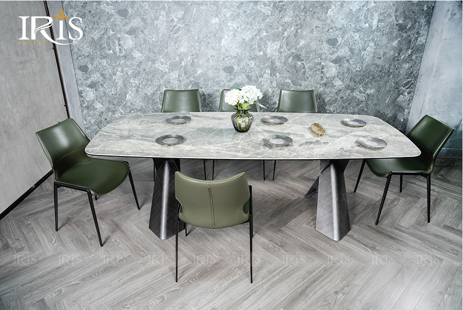 bàn ăn giovani mặt đá cao cấp và ghế ăn bọc da finn