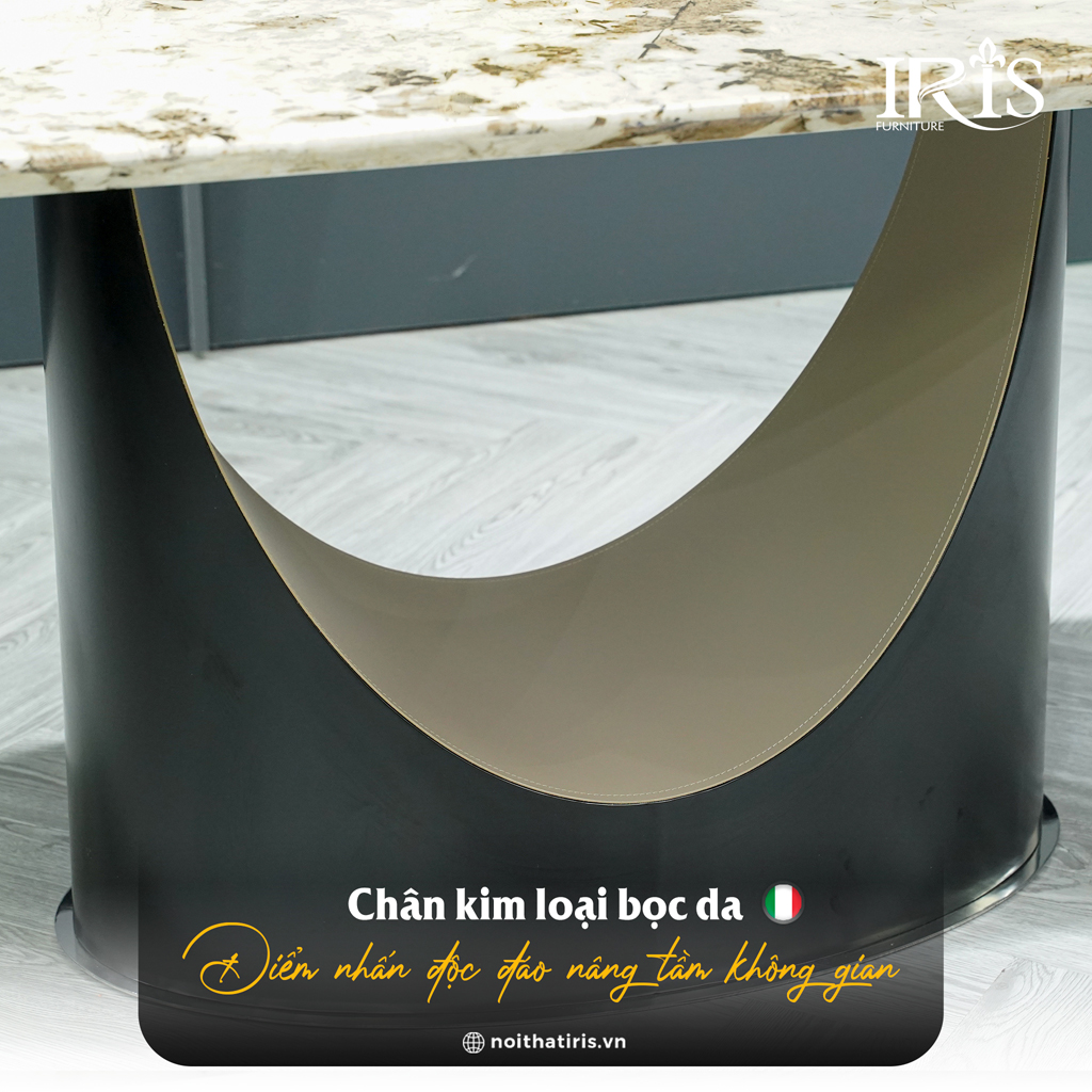 Chân bàn kim loại bọc da tạo điểm nhấn cho không gian