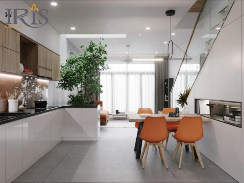 Không gian mở kết nối phòng bếp với phòng ăn, tạo sự gắn kết cho cả gia đình