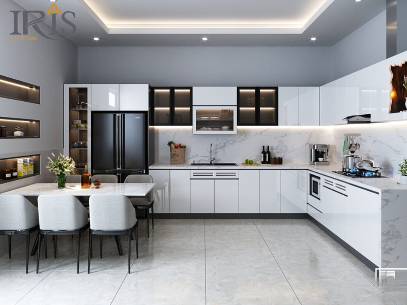 Phòng bếp chữ L linh hoạt, phù hợp cho các gia đình thường xuyên nấu nướng