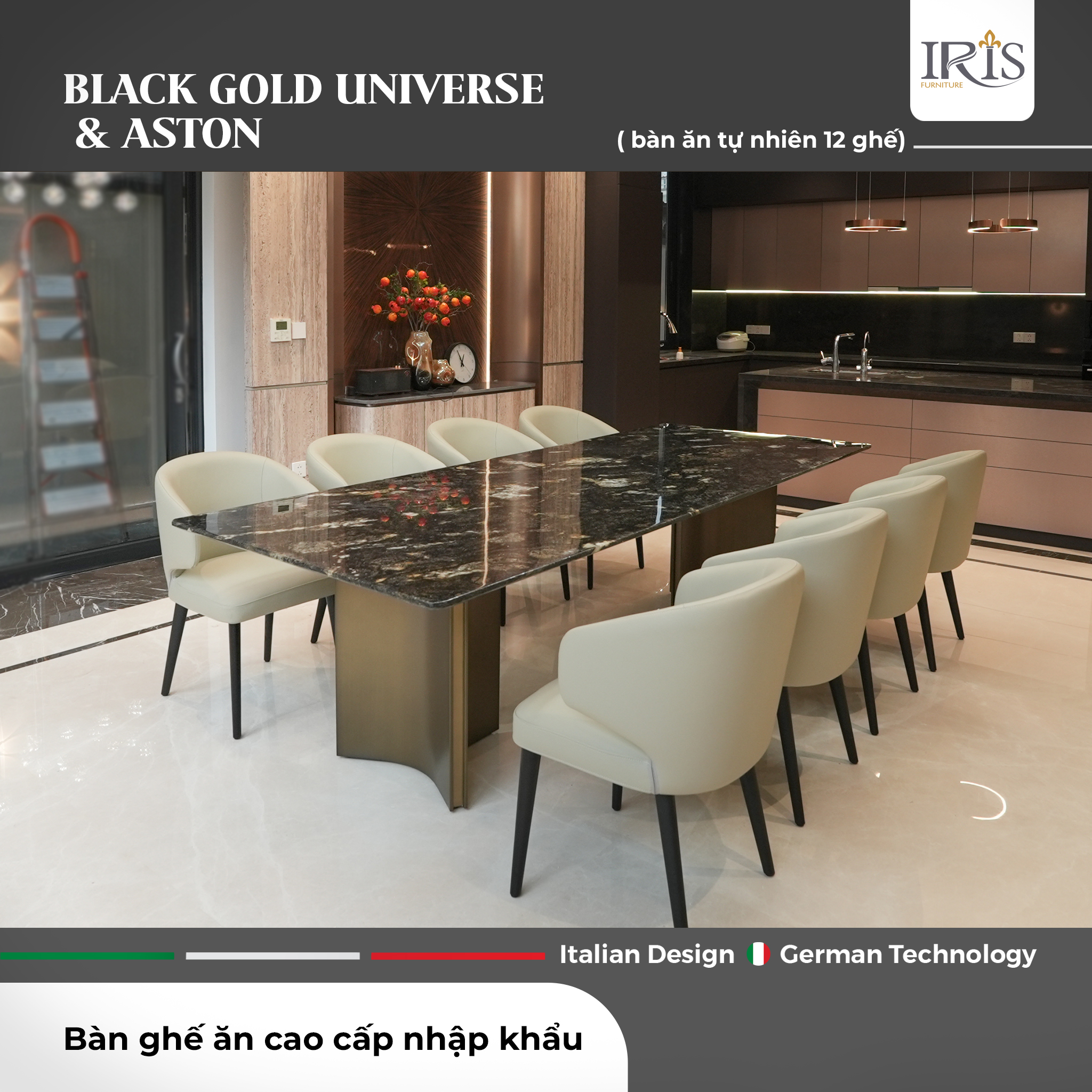 Bàn ăn đá cẩm thạch tự nhiên Black Gold Universe & Ghế ăn Aston